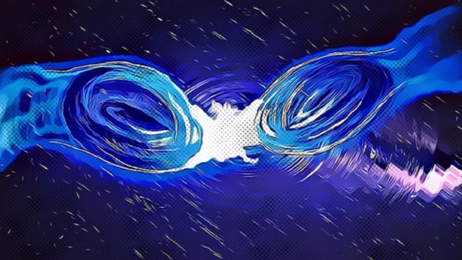 Fusión de dúas estrelas de bosóns. ILUSTRACIÓN: Nicolás Sanchis-Gual E Rocío García Souto. Fusión de dúas estrelas de bosóns. ILUSTRACIÓN: Nicolás Sanchis-Gual E Rocío García Souto.