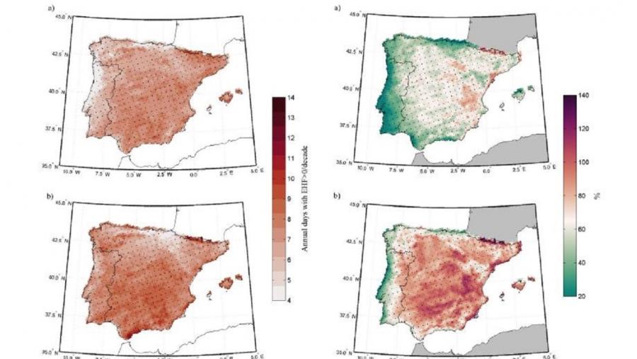 Mapas de evolución do índice EHF máximo proxectado para 2021-2050 respecto do período anterior Mapas de evolución do índice EHF máximo proxectado para 2021-2050 respecto do período anterior