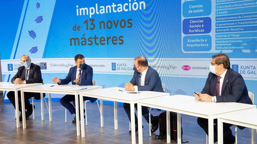 Os tres reitores e o conselleiro presentaron esta nova liña de traballo nun acto na Cidade da Cultura. Foto: Xunta de Galicia Conselleiro xunto cos reitores galegos
