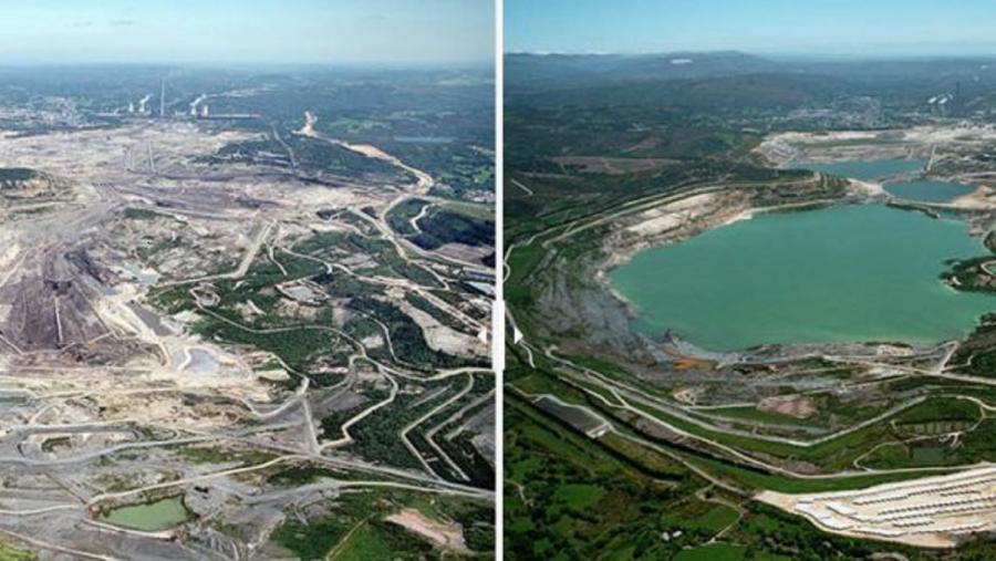 Terreos afectados pola explotación mineira en As Pontes e, á dereita, lago creado na zona tralo cese da actividade Terreos afectados pola explotación mineira en As Pontes e, á dereita, lago creado na zona tralo cese da actividade