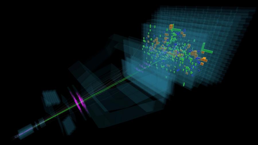 Ilustración dun evento real detectado no experimento LHCb dunha colisión protón-protón e posterior desintegración dun mesón B en dous muóns. Crédito: CERN. ilustración dun evento real detectado no experimento LHCb dunha colisión protón-protón e posterior desintegración dun mesón B en dous muóns. Crédito: CERN