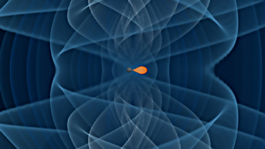 A imaxe amosa a fusión dun burato negro de baixa masa (en gris escuro) cunha estrela de neutróns. O sinal de ondas gravitacionais aparece representado cun rango de cores que van desde o azul escuro ao máis claro. ILUSTRACIÓN: I. Markin (Universidade de Potsdam), T. Dietrich (Universidade de Potsdam e Instituto Max Planck de Física Gravitacional), H. Pfeiffer, A. Buonanno (Instituto Max Planck de Física Gravitacional) A imaxe amosa a fusión dun burato negro de baixa masa (en gris escuro) cunha estrela de neutróns. O sinal de ondas gravitacionais aparece representado cun rango de cores que van desde o azul escuro ao máis claro. ILUSTRACIÓN: I. Markin (Universidade de Potsdam), T. Dietrich (Universidade de Potsdam e Instituto Max Planck de Física Gravitacional), H. Pfeiffer, A. Buonanno (Instituto Max Planck de Física Gravitacional)